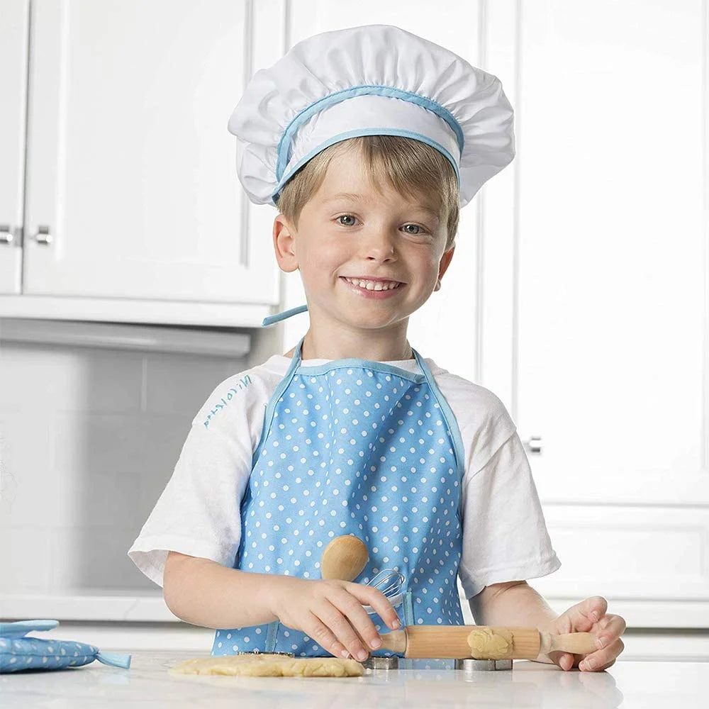 Kids Cooking Set, 11 Piece Chef Role Play Baking Kit for Ages 3-8, Apron, Chef Hat, Oven Mitt, Utensils & Cookie Cutters, Pretend Kitchen Toy Gift, Blue